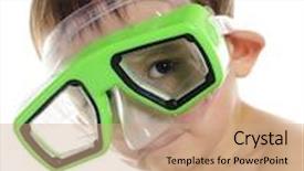  Presentation with swim - Beautiful PPT layouts featuring closeup image of a preschooler wearing an over-sized eyes-and-nose covering swim mask on a white background backdrop and a coral colored foreground