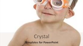  Presentation with swim - Colorful presentation enhanced with closeup image of an adorable preschooler ready for a swim with his swim shorts and goggles on a white background backdrop and a coral colored foreground