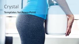  Presentation with plastic container - Slide set consisting of closeup image of female body with plastic container at gym background and a light blue colored foreground