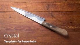  Presentation with japanese style - Presentation enhanced with closeup image of kitchen japanese style chef knife on vintage cutting board background and a tawny brown colored foreground