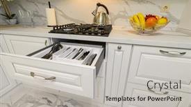  Presentation with cutlery - Audience pleasing presentation theme consisting of closeup-inside-view-to-open backdrop and a light gray colored foreground