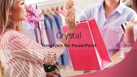  Presentation with boutique - Cool new presentation design with closeup mid section of female customer receiving shopping bags in boutique backdrop and a coral colored foreground