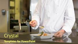  Presentation with chef - Presentation design consisting of closeup mid section of a chef garnishing food in the kitchen background and a tawny brown colored foreground