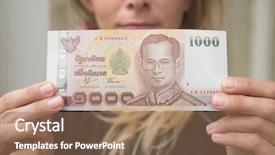  Presentation with atm - Cool new presentation with closeup of 1000 thai baht note withdrawned from atm over blurred woman's face backdrop and a coral colored foreground