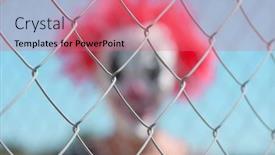  Presentation with chain link fence - Beautiful presentation theme featuring closeup of a chain-link fence in focus and a blurred scary clown in the background backdrop and a coral colored foreground