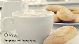  Presentation with cappuccino - Presentation theme with closeup of a cup with a cappuccino and some biscuits on the kitchen table background and a mint green colored foreground