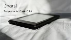  Presentation with digital - Audience pleasing presentation consisting of closeup of a digital tablet or e-reader on the white sheets of an unmade bed backdrop and a light gray colored foreground