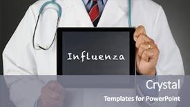  Presentation with influenza - PPT theme having closeup of a doctor holding a tablet computer with a chalkboard screen with the word influenza man is unrecognizable background and a gray colored foreground
