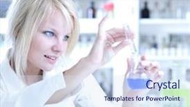  Presentation with test tube laboratory - Presentation theme enhanced with closeup of a female researcher holding a test tube and a retort and carrying out experiments in a laboratory background and a sky blue colored foreground