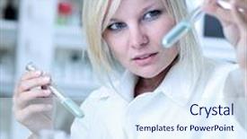  Presentation with tubes - Presentation design with closeup of a female researcher holding test tubes while carrying out some experiments in a laboratory background and a sky blue colored foreground