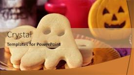  Presentation with ghost - Slides with closeup of a golden tray with some ghost-shaped cookies and a pumpkin-shaped cookie a bowl with halloween candies and a scary skull in the background background and a yellow colored foreground