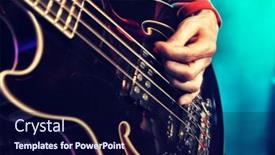  Presentation with bass guitar - Beautiful presentation theme featuring closeup-of-a-hand-playing backdrop and a navy blue colored foreground