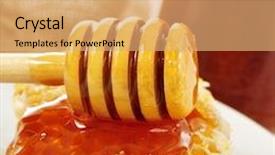  Presentation with honeycomb - Audience pleasing slide deck consisting of closeup of a honeycomb and a honey dipper with honey and some honey jars in the background backdrop and a coral colored foreground