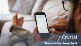  Presentation with relaxing - Amazing presentation theme having closeup of a man hand holding cellphone with internet browser on screen man with spectacles relaxing sitting on couch closeup of mature latin man using smartphone to checking email at home backdrop and a ocean colored foreground