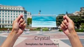  Presentation with face mask - Cool new PPT layouts with closeup-of-a-man-holding backdrop and a coral colored foreground