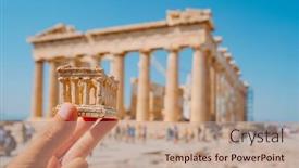  Presentation with building - PPT theme consisting of closeup-of-a-man-holding background and a coral colored foreground