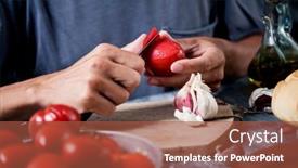  Presentation with olive oil - Audience pleasing PPT layouts consisting of closeup-of-a-man-peeling backdrop and a red colored foreground