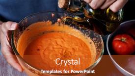  Presentation with olive oil - Colorful presentation design enhanced with closeup-of-a-man-preparing backdrop and a crimson colored foreground