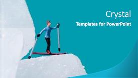  Presentation with ice blue - Theme having closeup-of-a-miniature-skier background and a gray colored foreground