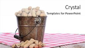  Presentation with peanuts - PPT theme having closeup of a pail full of peanuts ona wood picnic table and a red checked tablecloth horizontal format with a white background background and a white colored foreground