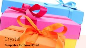  Presentation with satin - Amazing slide deck having closeup of a pile of gift boxes of different sizes and colors tied with satin ribbon on a white background backdrop and a gold colored foreground