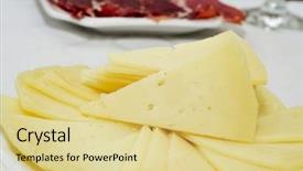  Presentation with tapas - Amazing slide deck having closeup of a plate with spanish manchego cheese tapas on a set table with a plate with serrano ham backdrop and a blonde colored foreground
