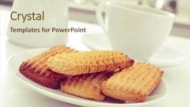  Presentation with tea coffee - Amazing PPT theme having closeup of a plate with a pile of homemade biscuits and a cup of coffee or tea on the kitchen table backdrop and a soft green colored foreground