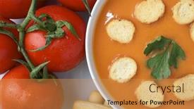  Presentation with culinary - Theme with closeup of a plate of gazpacho a typical spanish summer culinary specialty background and a yellow colored foreground