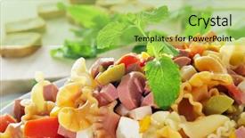  Presentation with feta cheese - Audience pleasing presentation design consisting of closeup of a refreshing pasta salad with feta cheese tomato olives and frankfurter sausages backdrop and a yellow colored foreground
