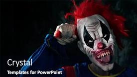  Presentation with evil - Colorful presentation enhanced with closeup of a scary evil clown with white eyes and bloody teeth sticking out his tongue while is grabbing his red hair and staring at the observer with a threatening look backdrop and a black colored foreground