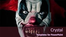  Presentation with evil - Slide deck having closeup of a scary evil clown with red hair white eyes bloody teeth and a threatening look staring at the observer against a black background background and a wine colored foreground