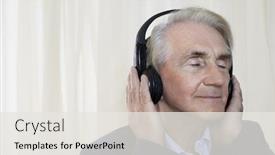  Presentation with curtain - Colorful theme enhanced with closeup of a senior businessman wearing headphones against curtain backdrop and a white colored foreground
