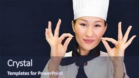  Presentation with navy blue - Theme featuring closeup of a smiling female cook gesturing okay sign against navy blue background and a navy blue colored foreground
