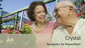  Presentation with nursery plant - Presentation enhanced with closeup of a smiling senior couple among flowers at the plant nursery background and a soft green colored foreground