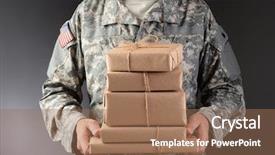  Presentation with mail - Audience pleasing presentation design consisting of closeup of a soldier wearing camouflage fatigues holding a stack of packages for mail call horizontal format man is unrecognizable backdrop and a coral colored foreground