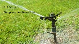  Presentation with garden - Presentation theme enhanced with closeup-of-a-sprinkler-watering background and a yellow colored foreground