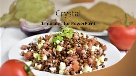  Presentation with ceramic - Slides enhanced with closeup of a white ceramic plate with refreshing lentil salad on a white table with some raw vegetables background and a gold colored foreground