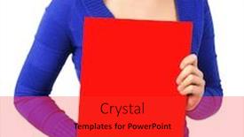  Presentation with joy - Colorful theme enhanced with closeup of a woman holding a red placard and screaming of joy isolated on white background backdrop and a red colored foreground