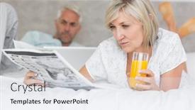  Presentation with newspaper laptop - Cool new PPT theme with closeup of a woman reading newspaper with man using laptop in background in bed at home backdrop and a sky blue colored foreground