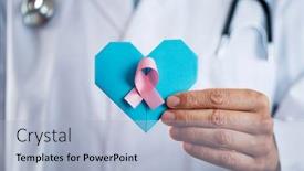  Presentation with pink ribbon - Colorful theme enhanced with closeup-of-a-young-caucasian backdrop and a light blue colored foreground