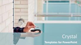  Presentation with house window - Cool new PPT layouts with closeup-of-a-young-caucasian backdrop and a light blue colored foreground