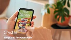  Presentation with food delivery - Colorful presentation theme enhanced with closeup-of-a-young-caucasian backdrop and a coral colored foreground