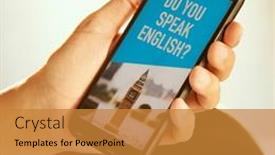  Presentation with english - Audience pleasing presentation theme consisting of closeup-of-a-young-caucasian backdrop and a gold colored foreground