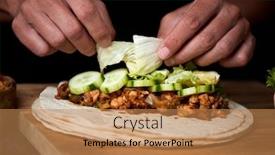  Presentation with fresh fruits vegetables dairy meat - Theme enhanced with closeup-of-a-young-caucasian background and a coral colored foreground