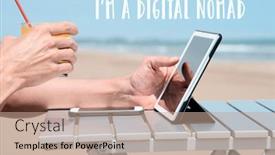  Presentation with beverage - PPT theme having closeup-of-a-young-caucasian background and a coral colored foreground