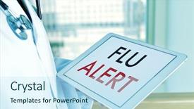  Presentation with alert - Presentation theme having closeup of a young caucasian doctor man with a tablet computer with the text flu alert in its screen background and a sky blue colored foreground