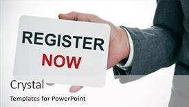  Presentation with now - Colorful presentation design enhanced with closeup of a young caucasian man in a gray suit showing a signboard with the text register now backdrop and a white colored foreground