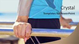  Presentation with parallel - PPT layouts enhanced with closeup of a young caucasian sportsman wearing sport clothes doing doing dips in parallel bars outdoors background and a light blue colored foreground