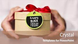  Presentation with text box - Theme enhanced with closeup of a young caucasian man in a white shirt holding a gift box with a label tied to it and the text happy black friday written in it background and a coral colored foreground
