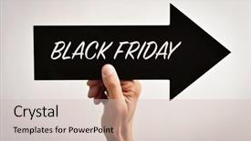  Presentation with friday - Slide deck consisting of closeup of a young caucasian man holding a black arrow-shaped signboard with the text black friday written in it background and a soft green colored foreground